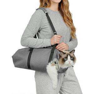 Cat Carrier Pouch, Soft Cat Grooming Restraint Bag for Vet Visits, Nail Trimming & Medication, Comfortable Cats Carry Bag with Bottom Support for Car Travel, Grey,L