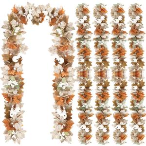 4 Pcs Fall Garland Fall Decor 9ft Autumn Maple Leaves Pumpkin Berry Garland Thanksgiving Halloween Mantle Fireplace Farmhouse Harvest Decorations for Home Mantle Fireplace Porch Table (White)