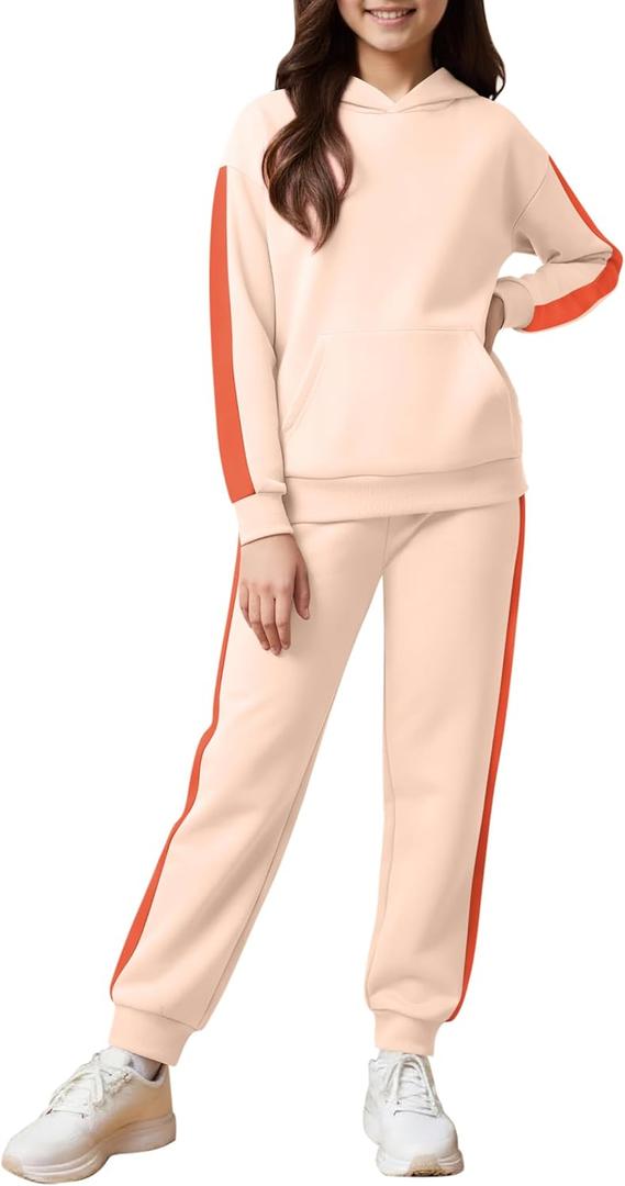 Fuermos Kids Girls Clothes 2 Piece Outfits Colorblock Casual Hoodies Long Sleeve Fashion Sweatshirts and Sweatpants (9-10 Years, Apricot)