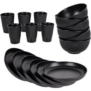 18pcs Wheat Straw Dinnerware Sets HXYPN Unbreakable Reusable Dinnerware Set Kitchen Cups Plates and Bowls Sets Dish Set Dishwasher and Microwave Safe Black
