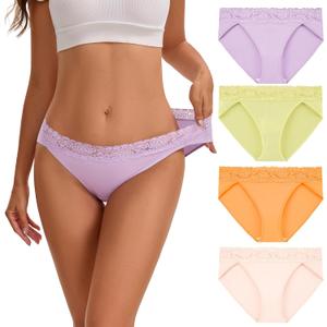 INNERSY Women's Cotton Bikini Underwear High Cut Lace Hipster Panties 4-Pack, L