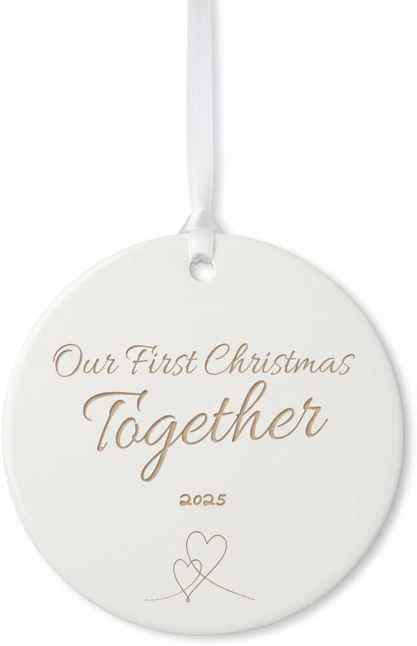 Our First Christmas Together - 2025 Christmas Ornament Couple Newlywed Wedding Marrid Keepsake Gift, Ceramic Engraved Ornaments Xmas Tree Decoration (C1)