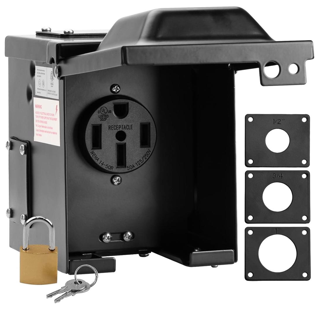 RVMATE 50 Amp 125/250V RV Power Outlet Box, Waterproof Lockable Enclosed Power Panel, NEMA 14-50R Receptacle, ETL Listed, Black