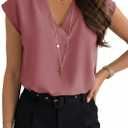 Lynwitkui Women's V Neck Chiffon Blouses Cap Sleeve Shirts Casual Loose Work Office Solid Tops