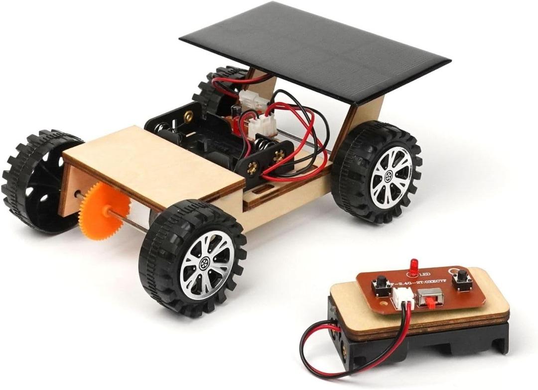 Solar-Powered Car V300, Wooden STEM Kit with Wireless Remote Control for Boys and Girls, Hybrid Powered by Solar Power and Batteries, Educational Motor Toy Gift for Kids Aged 8-12 (Sport)