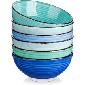 vancasso Bonita 27 Oz Cereal Bowls Set of 6, Blue Ceramic Bowls for Kitchen, 6 Inch Soup Bowls, Dishwasher & Microwave Safe (Cool Color)