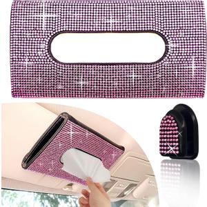 Car Sun Visor Tissue Box Holder,Dermasy Hanging Car Sparkly Crystal PU Leather Napkin Case Holder Bling car Accessories for Women and Ladies (Pink)