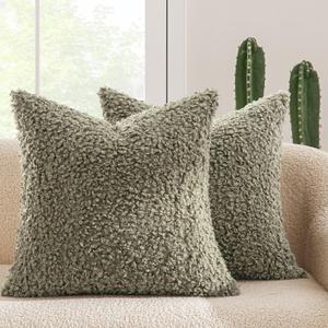 MIULEE Pack of 2 Throw Pillow Covers 18x18 Inch Sage Green Faux Fur Decorative Sherpa Spring Pillow Covers Fuzzy Accent Soft Sheepskin Fleece Cushion Cases for Boho Home Decor Couch Living Room Bed