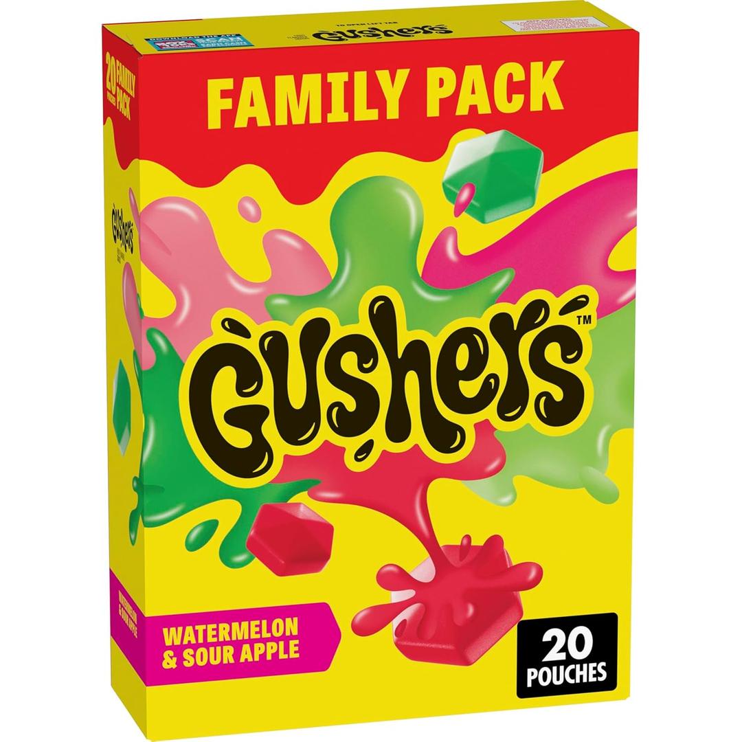 Gushers Fruit Flavored Kids Snacks, Watermelon and Sour Apple Flavor, 20 Pouches, Family Pack, 16 oz (EXP 11/22/26)