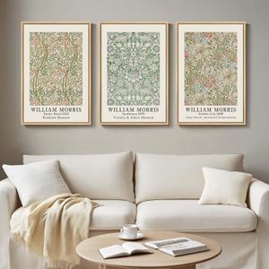 Framed William Morris Canvas Wall Art for Living Room, 3 Piece Large Vintage Sage Green Artwork for Walls Nature Floral Botanical Picture Prints for Bedroom, Hallway, Home Office Wall Decor, 16x24, 16"W x 24" H x 3Pcs