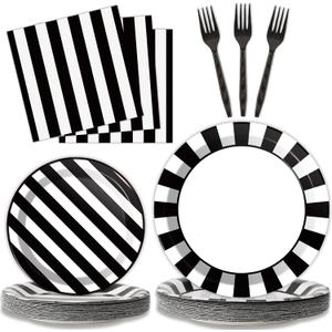 96 PCS Black and White Party Plates Napkins Striped Dinnerware Set Black and White Party Tableware Disposable Paper Plates Napkins Party Decorations Supplies Favors for 24 Guests