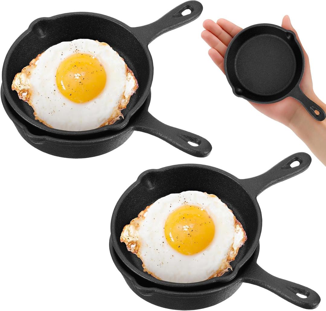 4 Pack 4 Inches Mini Cast Iron Skillet, Small Frying Pans with Double Drip-Spouts for Stove, Oven, Grill Safe, Indoor and Outdoor Use, Non-stick