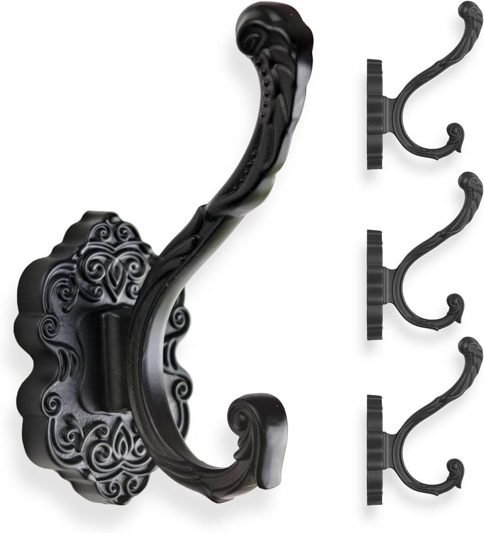 Vintage Black Coat Hooks Wall Mount - 4 Pack Heavy Duty Rustproof Decor for Hanging Towels, Jackets, Hats - Easy Install Kit for Bathroom, Entryway, Mudroom & Bedroom