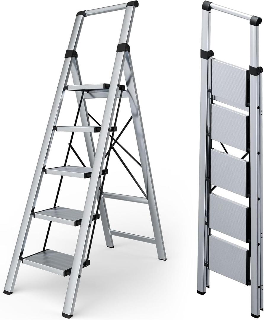 Taranta 5 Step Ladder, Portable Folding Ladder with Wide Pedal, Lightweight Aluminum Step Stool with Convenient Handgrip, 330 lbs Capacity Stepladder for Home, Office - Silver