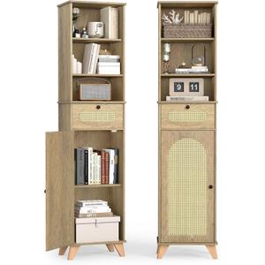 Quikraen Tall Bathroom Storage Cabinet with Rattan 67in Extra Tall Narrow Cabinet with Adjustable Shelves Bathroom Cabinet Storage for Living Room Dining Room Laundry, 40.5 cm x 29.5 cm x 173 cm