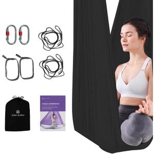 Aerial Silk Yoga Hammock & Swing for Home, Inversion Exercises, Starter Kit for All Levels - Durable with Extension Straps, Carabiners, and Pose Guide (5.5 yards, Black)