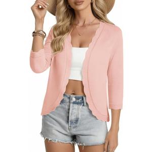 GRACE KARIN Women Lightweight Summer Cardigans 3/4 Sleeve Cropped Cardigan Sweaters Open Front Bolero Shrug (Pink, L)