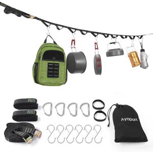 Ayaport Campsite Storage Strap Tent Camping Tree Hanging Organizer with 4 Carabiner Hooks 6 Stainless Steel S Hooks & 20 Separated Loops, Camping Set Travel & Outdoor Camping Gear