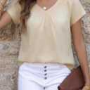 Falechay Women's Blouses Summer Short Sleeve Boho Tops V Neck Pleated Casual Flowy Loose Fit Cute Basic Tunic (L)