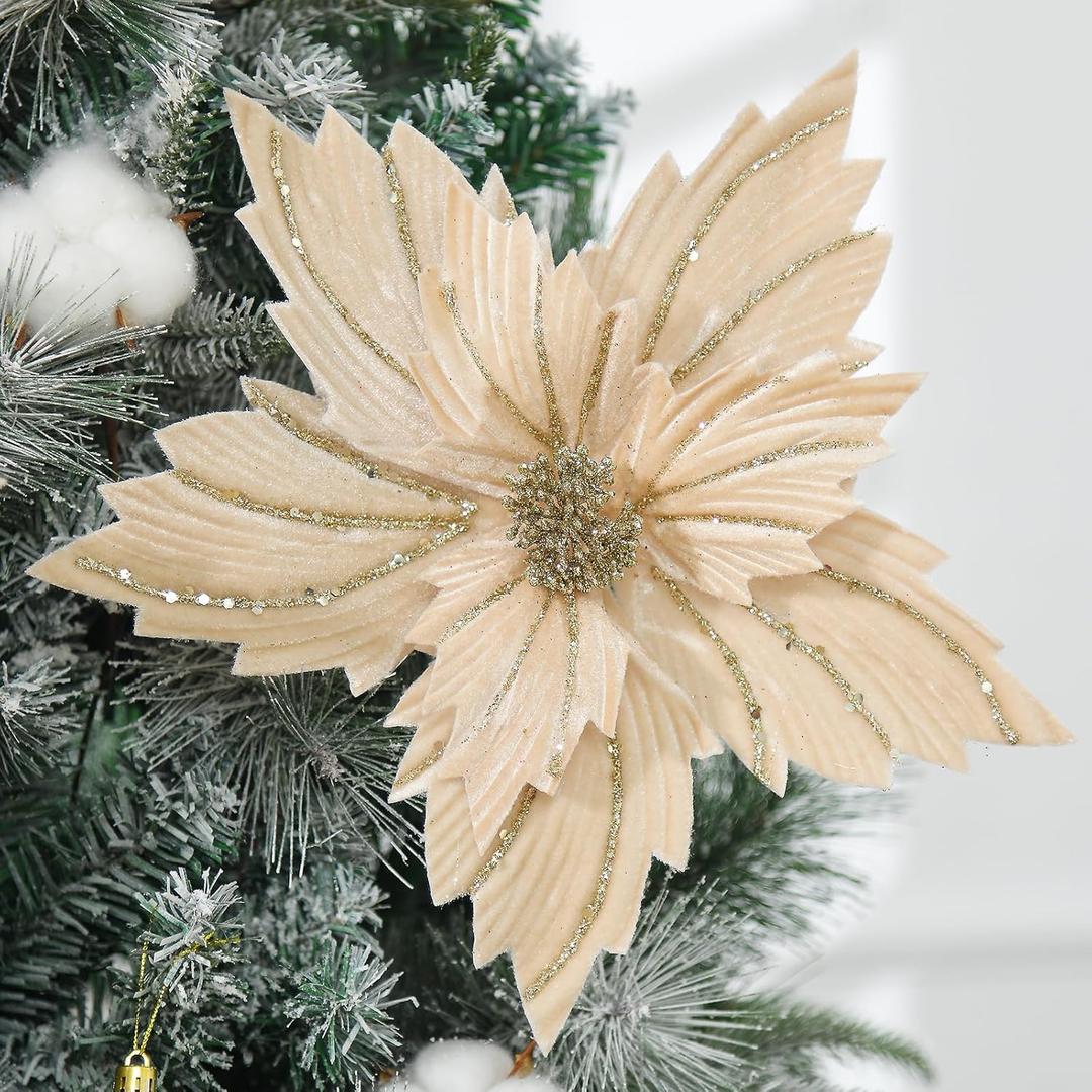 6 Pcs 12" Large Glitter Poinsettia Artificial Christmas Flowers with Stems Xmas Tree Wreath Ornaments New Year Home Wedding Party Decor (Champagne)