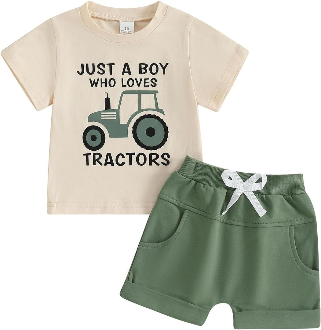 Baby Boy Cute Letter Short Sleeve Shirt Top Elastic Waist Shorts Toddler Summer Outfits (Green Just A Boy Who Loves Tractors, 12-18 Months)