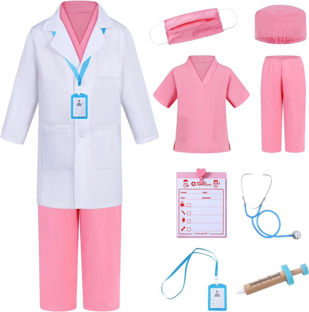 Kids Scrubs Pretend Play Kit with Lab Coat and Stethoscope - Doctor Dress Up for Boys & Girls (9-10 Years, Pink)