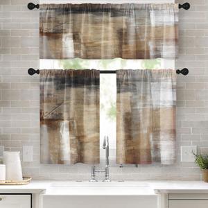 Brown Kitchen Window Curtains Valance and Tier Set 36 Inch, Grey Beige Modern Rod Pocket Short Tier Curtain, Abstract Art Small Cafe Drapes for Kitchen Decor