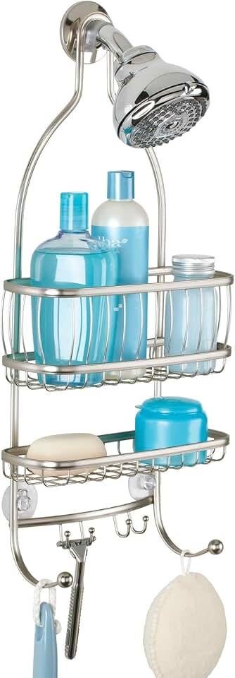 Yasonic York Metal Wire Hanging Shower Caddy, Extra Wide Space for Shampoo, Conditioner, and Soap with Hooks for Razors, Towels, and More, 9.75" x 4" x 22", Satin Silver