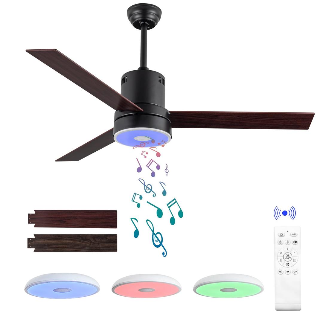 ASALL 52 Inch Ceiling Fan with RGB Dimming LED Light,with Music Bluetooth Speaker,with Remote Control,3-Speed Regulation, Reversible Motor,Timing,for Living Room,Bedroom,Restaurant,Outdoor