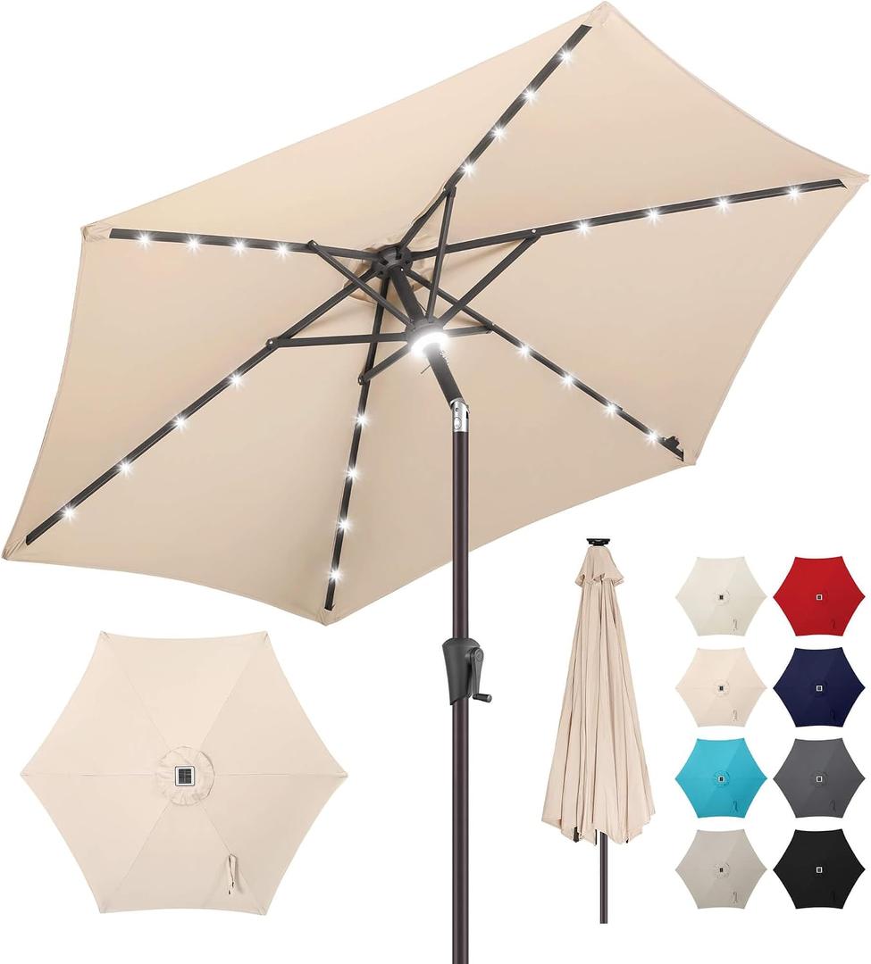 10FT Solar Patio Umbrella - Outdoor Umbrella with Centre Surround Light 24 LED Lights, Market Table Umbrella with Tilt for Pool, Porch, Garden, Deck, Backyard UV Protection (Beige)