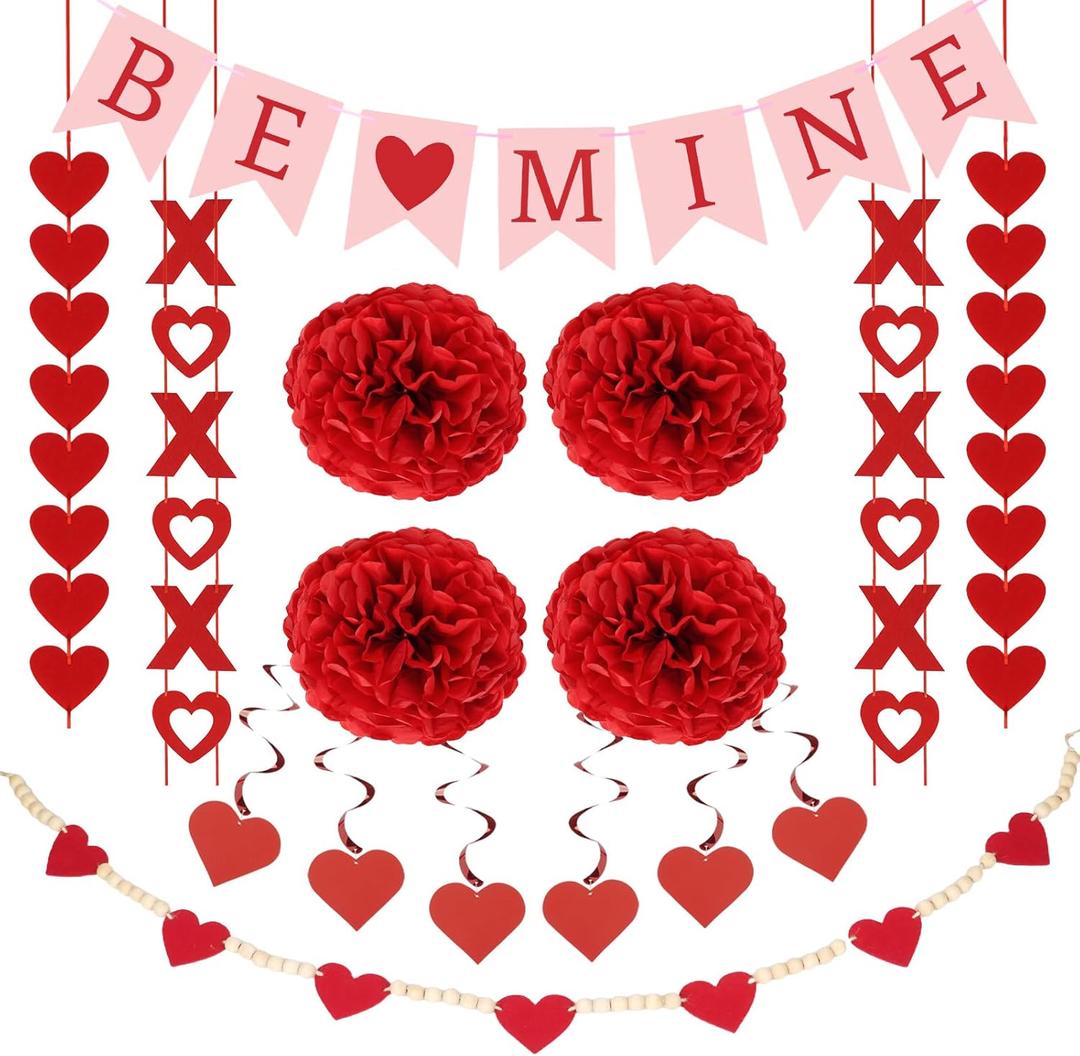 RAWILL Valentines Day Decorations Set, Hanging Heart Swirls,BE Mine Banner, Love XO and Red Felt Heart Wooden Beads Garlands Banner,for Home,Classroom,Office,Wedding and Party