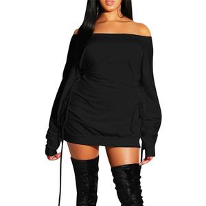 GOKATOSAU Women's Sexy Casual Off Shoulder Long Sleeve Lace Up Loose Club Mini Dress (M, Black)