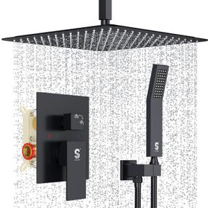 SR SUN RISE 16 Inches Matte Black Shower Set System Bathroom Luxury Rain Mixer Shower Combo Set Ceiling Mounted Rainfall Shower Head Faucet (Contain Shower Faucet Rough-In Valve Body and Trim)