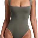 REORIA Butsmooth Womens Sexy Sleeveless Square Neck Double Lined Basic Bodysuit Tank Tops (Grey Green, Large)