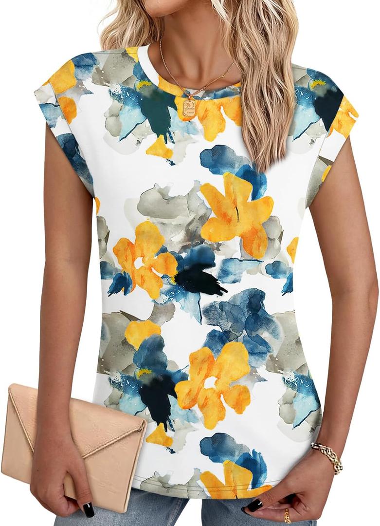NORACORA Womens Summer Tops Short Sleeve Floral Shirts Dressy Casual Cap Sleeve Crew Neck Cute Tunic Blouses Fashion Clothes, Size M
