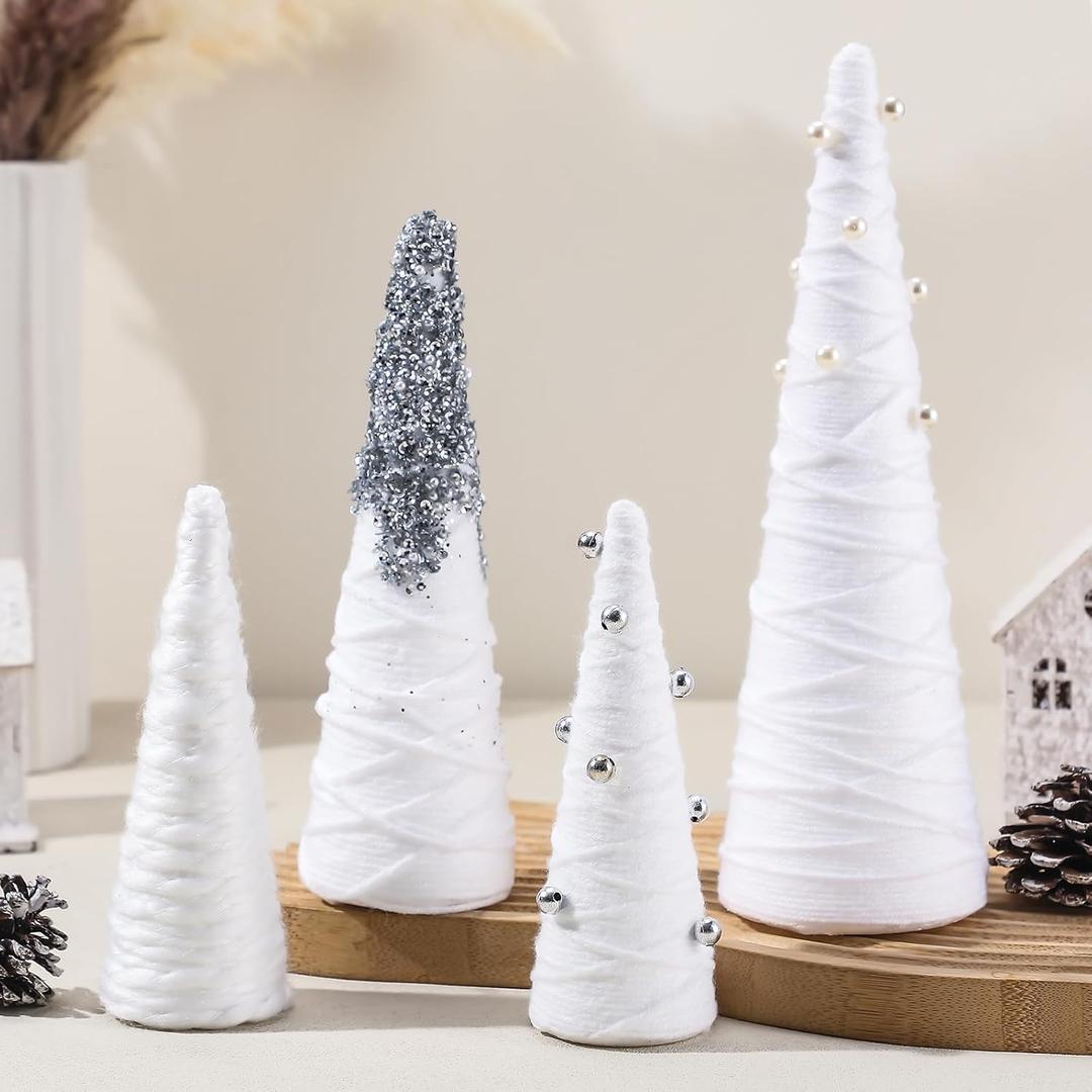 Suzile 4 Pcs Boho Christmas Yarn Tree 10" 8" 7" Christmas Cone Trees Boho Xmas Tabletop Decor Tree for Farmhouse Xmas Holiday Table Centerpiece Winter Mantle Decor