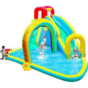 Inflatable Water Slide Park with Air Blower, Kids Bouncer House with Rainbow Sprinkler, Bouncy Castle for Climbing Wall, Splash Pool