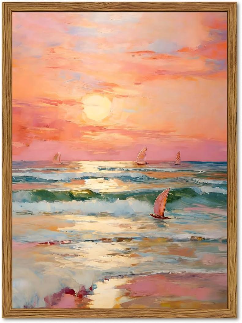 Framed Pink Coastal Canvas Wall Art, Beach Sunset Sailboat Pictures Wall Decor, Pastel Ocean Landscape Paintings Prints Beachy Home Decor for Living Room Bedroom Bathroom Dorm 16x24 inch