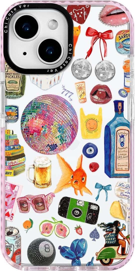 for iPhone 15 Case, Retro Party Collage Pattern with Disco & Gin, Military-Grade Drop Protection, Pop Art Disco Soft Slim TPU Protective Cover with Camera Protection for Girls (LightBalls)