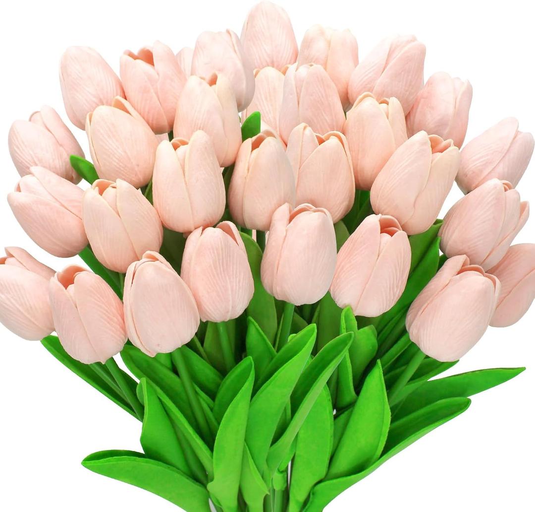 28pcs Light Pink Flowers Artificial Tulip Stems Real Feel PU Tulips for Easter Spring Wreath Wedding Bouquet Centerpiece Floral Arrangement Cemetery Table Décor 13" Tall