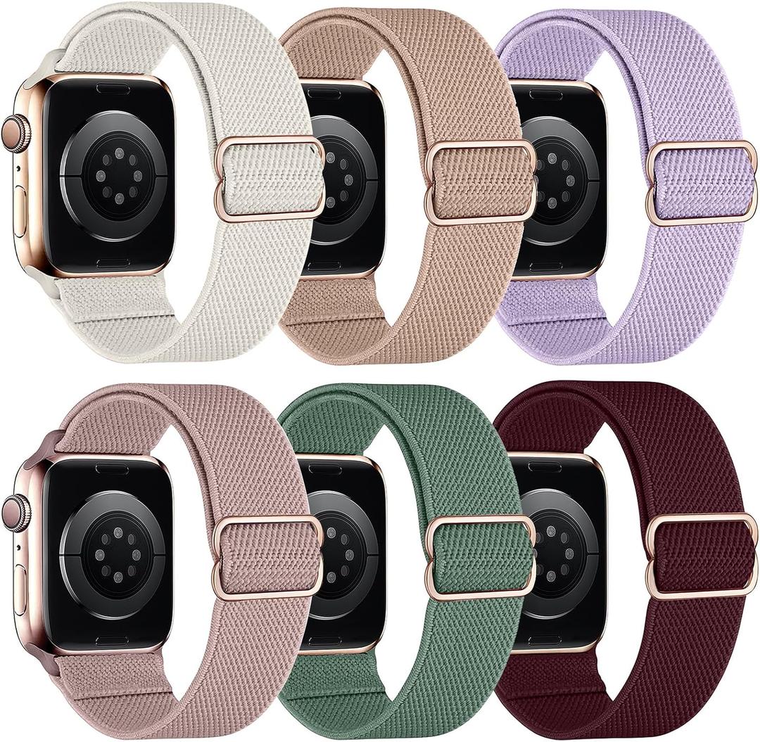 MITEV 6 Pack Stretchy Solo Loop Compatible with Apple Watch Band 38mm 40mm 41mm 42mm 44mm 46mm 45mm 49mm Women,Soft Nylon Elastic Braided Strap Wristband for iWatch Series 11 10 9 8 7 6 5 4 3 Ultra/SE (Starlight/Rose/Cactus/Win Red/Pink/Purple)