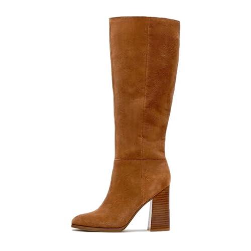 Erocalli Suede Tall Long Fall Boot Brown Knee High Boots for Women Round Toe Winter Side Zipper Chunky Block Heel 2026, Size 9