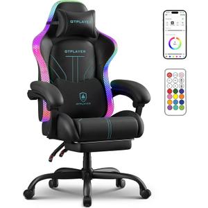 GTPLAYER Gaming Chair, Computer Chair with RGB LED Lights, High Back Ergonomic Chair for Adults with Footrest, Reclining Office Chairs, Linkage Armrest, Blue