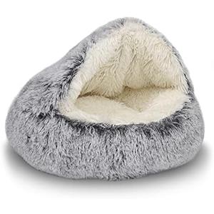 ShinHye Cozy Cat Bed - Round Plush Fluffy Hooded Cave, Indoor/Outdoor, Waterproof & Washable, Calming Anti-Anxiety Design - 23x23 Inch, Grey