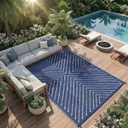 Garvee 9x12 Extra Large Outdoor Rug Waterproof Reversible Patio Carpet, Big RV Camping Mat for Deck, Backyard, Porch, Balcony, Beach, Garden, Lawn, UV Protected Navy Blue Outdoor Rug, Navy&White.