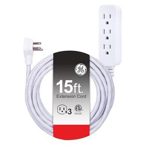 GE 3-Outlet Power Strip Surge Protector 15 Ft Braided Extension Cord with Multiple Outlets Grounded Flat Plug UL Listed White 40530