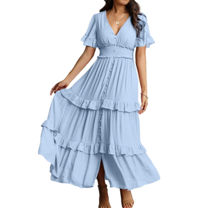Amegoya Women's V Neck Long Sleeve Boho Maxi Dress Summer Wedding Guest Long Flowy Engagement Dresses M