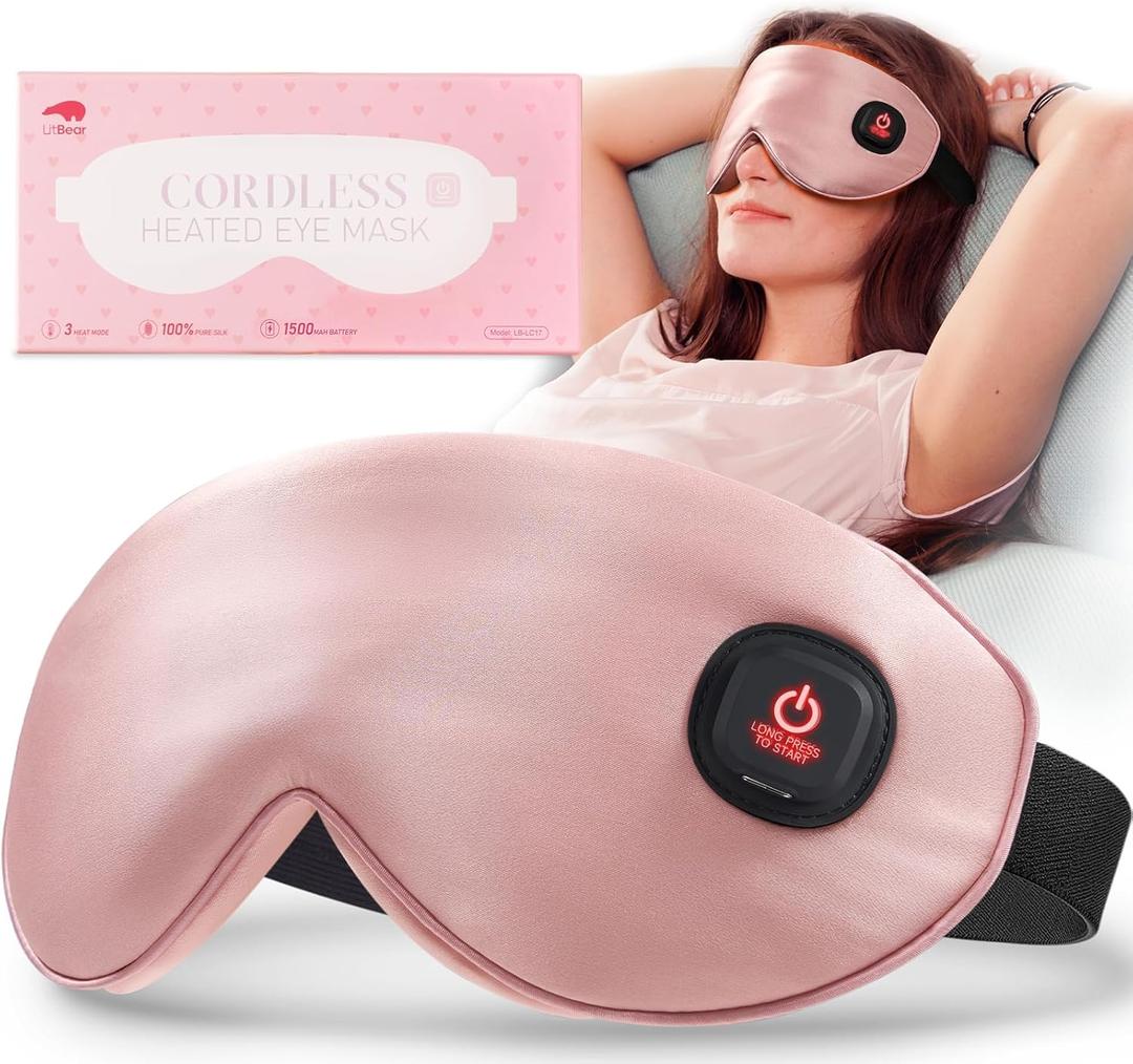 LitBear Heated Eye Mask, Silk Cordless Warm Eye Compress for Dry Eyes, Light Blocking Heat Eye Mask for Women Men, Soft Eye Heating Pad for Dry Eyes, Travel, Rechargeable, Washable Cover (Pink)