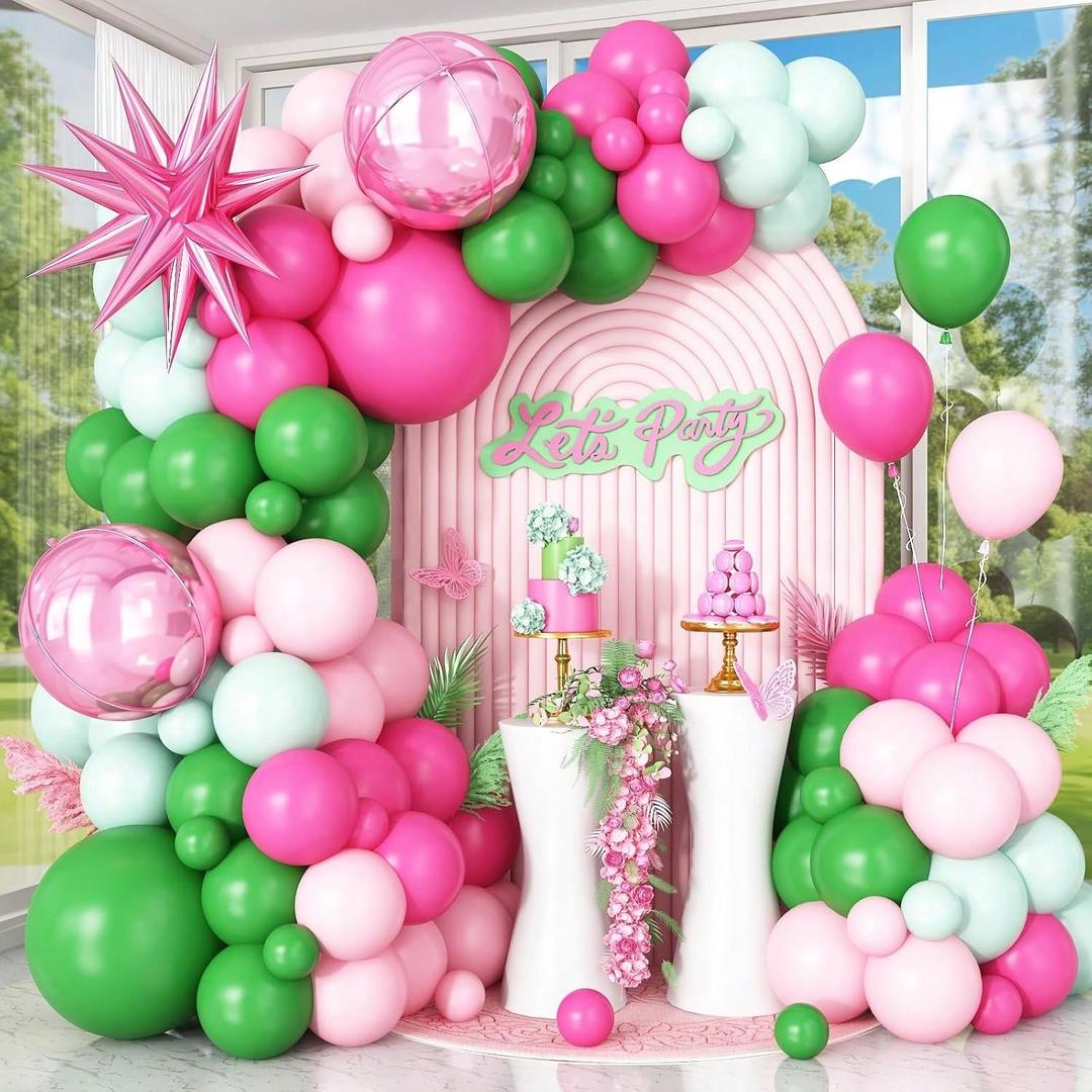 Pink Green Balloon Arch Garland Kit with Star Foil Balloons 4D Round Ball Balloons for Woodland Baby Shower Wedding Tropical Safari Birthday Party Decorations