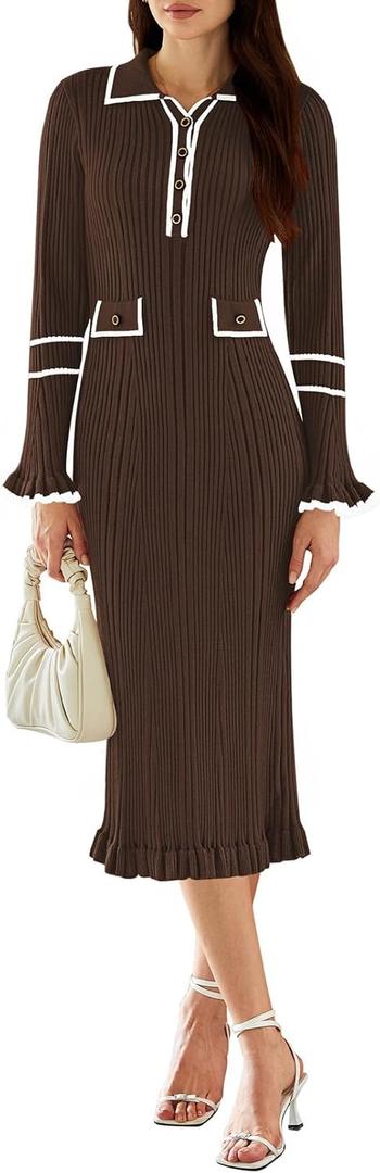 Pink Queen Women's V Neck Bodycon Sweater Dress 2026 Long Sleeve Half Button Slim Fitted Ruffle Ribbed Knit Maxi Pencil Dress (Medium, Chocolate)